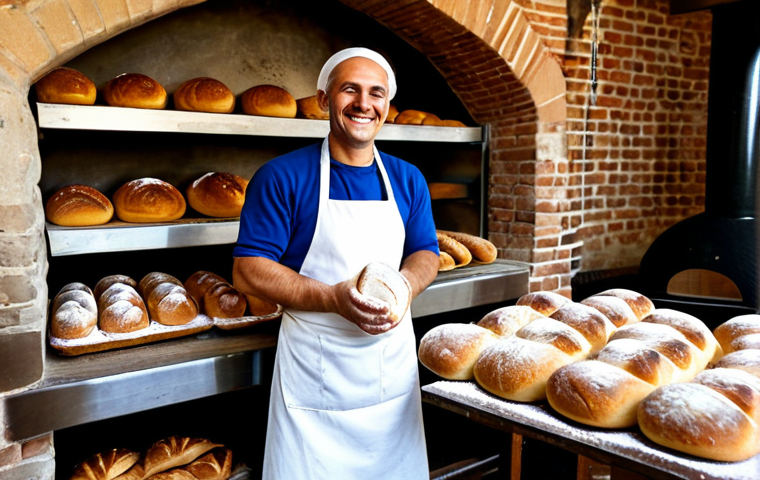 Traditional Bakery Scene**
"A baker, fully clothed in a professional white apron, smiles warmly while arranging freshly baked crusty bread loaves on a rustic wooden shelf in a traditional Italian 'forno' (bakery). Soft, warm lighting, flour dusting the scene. In the background, a glimpse of a brick oven. Safe for work, appropriate content, family-friendly, perfect anatomy, correct proportions, natural pose, well-formed hands, proper finger count, natural body proportions, professional photography, high quality."
**
