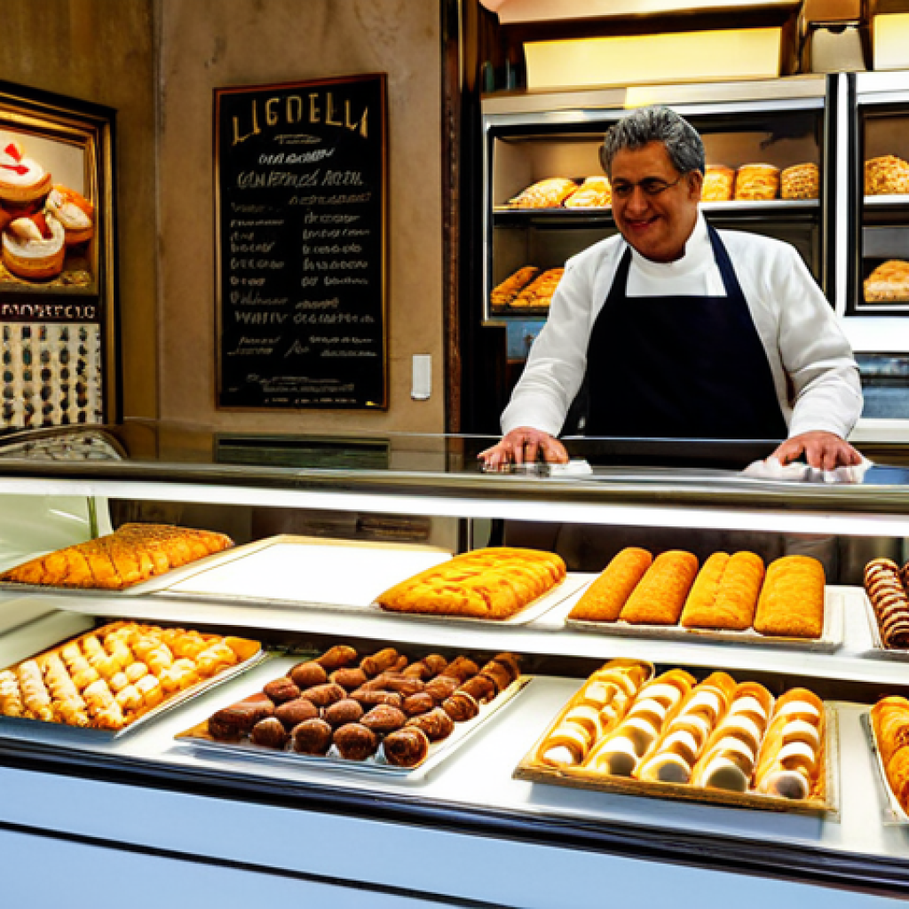 Traditional Pasticceria**

A cozy Italian "pasticceria" interior. A fully clothed baker with perfect anatomy is arranging colorful pastries (cannoli, biscotti, sfogliatella) on a display counter. The scene includes vintage Italian posters on the wall, a marble countertop, and warm lighting. Safe for work, appropriate content, fully clothed, professional, family-friendly. High-quality, detailed, natural proportions.

**