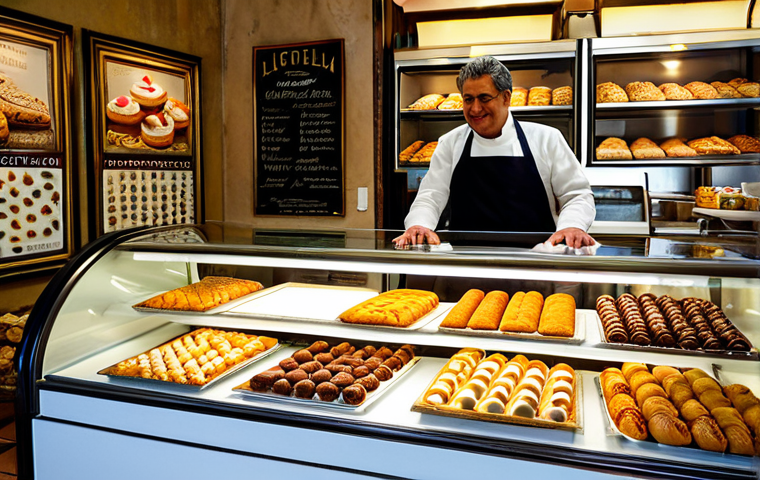 Traditional Pasticceria**
A cozy Italian "pasticceria" interior. A fully clothed baker with perfect anatomy is arranging colorful pastries (cannoli, biscotti, sfogliatella) on a display counter. The scene includes vintage Italian posters on the wall, a marble countertop, and warm lighting. Safe for work, appropriate content, fully clothed, professional, family-friendly. High-quality, detailed, natural proportions.
**