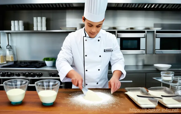 제과제빵 필기 시험 기출문제 정리 - **Prompt:** A meticulously clean, bright, and modern professional kitchen. In the foreground, a bake...
