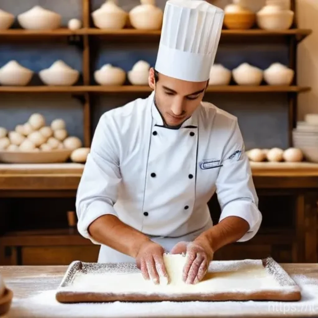 제과제빵 전문가 되는 법 - An aspiring young Italian apprentice baker, dressed in a spotless white chef's jacket, apron, and a ...