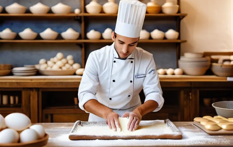 제과제빵 전문가 되는 법 - An aspiring young Italian apprentice baker, dressed in a spotless white chef's jacket, apron, and a ...