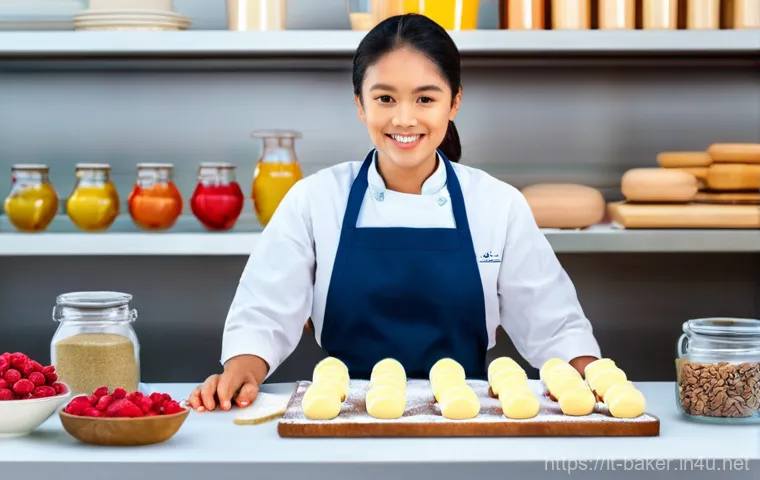 제과제빵 시험 도중 긴장감 극복법 - **Prompt 2: Mindful Breathing Break in a Bustling Bakery**
    "A baker, gender-neutral, takes a mom...