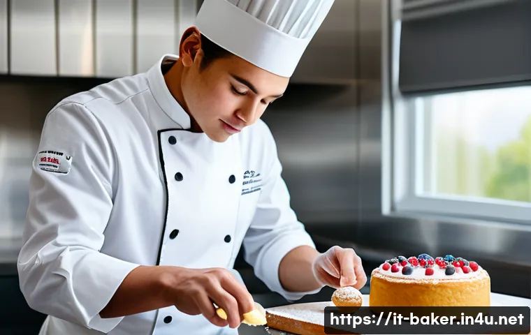 제과제빵 자격증 학습 스케줄 추천 - A professional pastry chef in a bright, modern kitchen wearing a clean white chef&rsquo;s uniform and hat,...