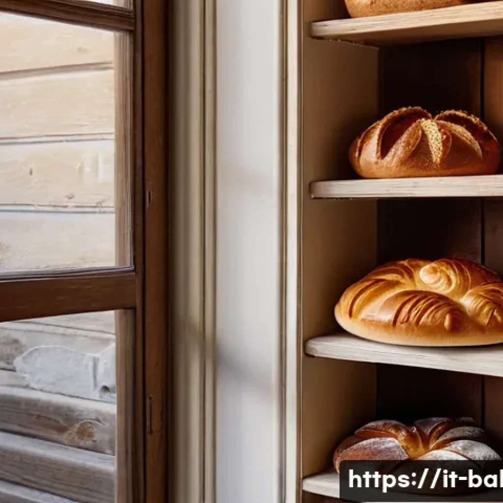 제과제빵 포트폴리오 구성 방법 - A cozy artisanal bakery scene featuring freshly baked breads and pastries arranged on wooden shelves...