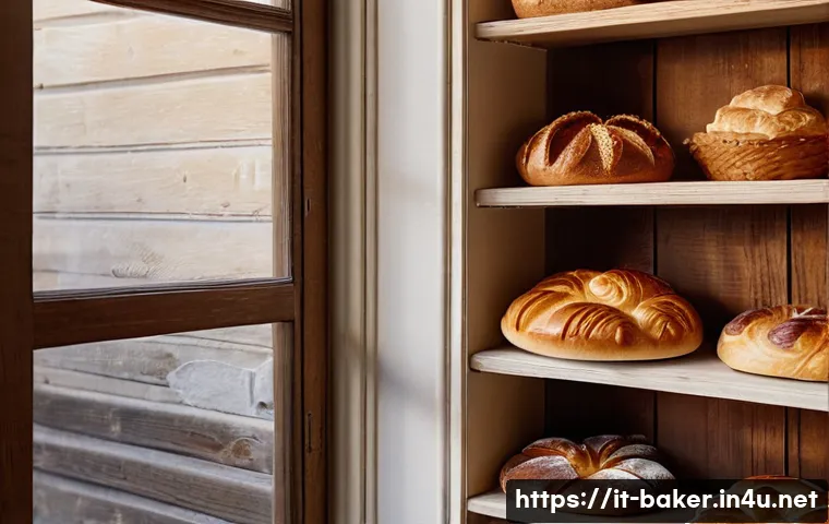 제과제빵 포트폴리오 구성 방법 - A cozy artisanal bakery scene featuring freshly baked breads and pastries arranged on wooden shelves...
