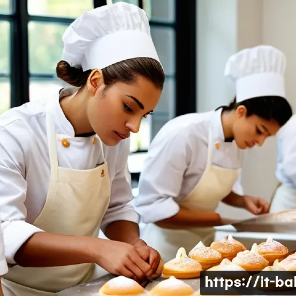제과제빵 관련 자격증 비교 분석 - A professional Italian pastry chef classroom scene, featuring students in white chef uniforms and ap...