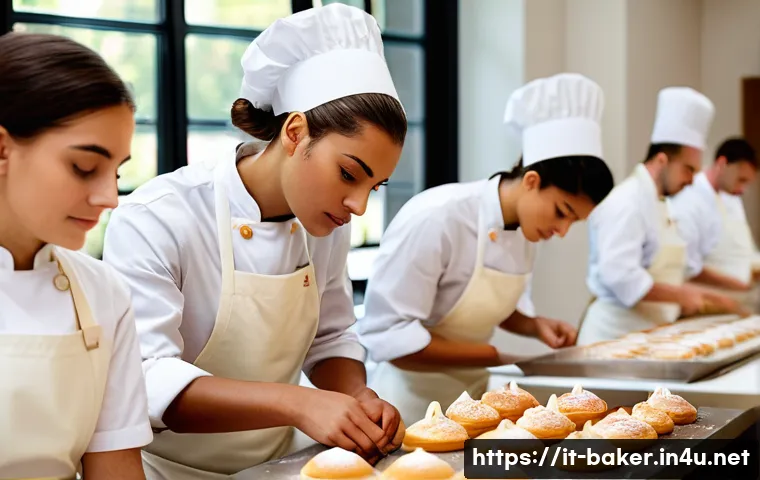 제과제빵 관련 자격증 비교 분석 - A professional Italian pastry chef classroom scene, featuring students in white chef uniforms and ap...