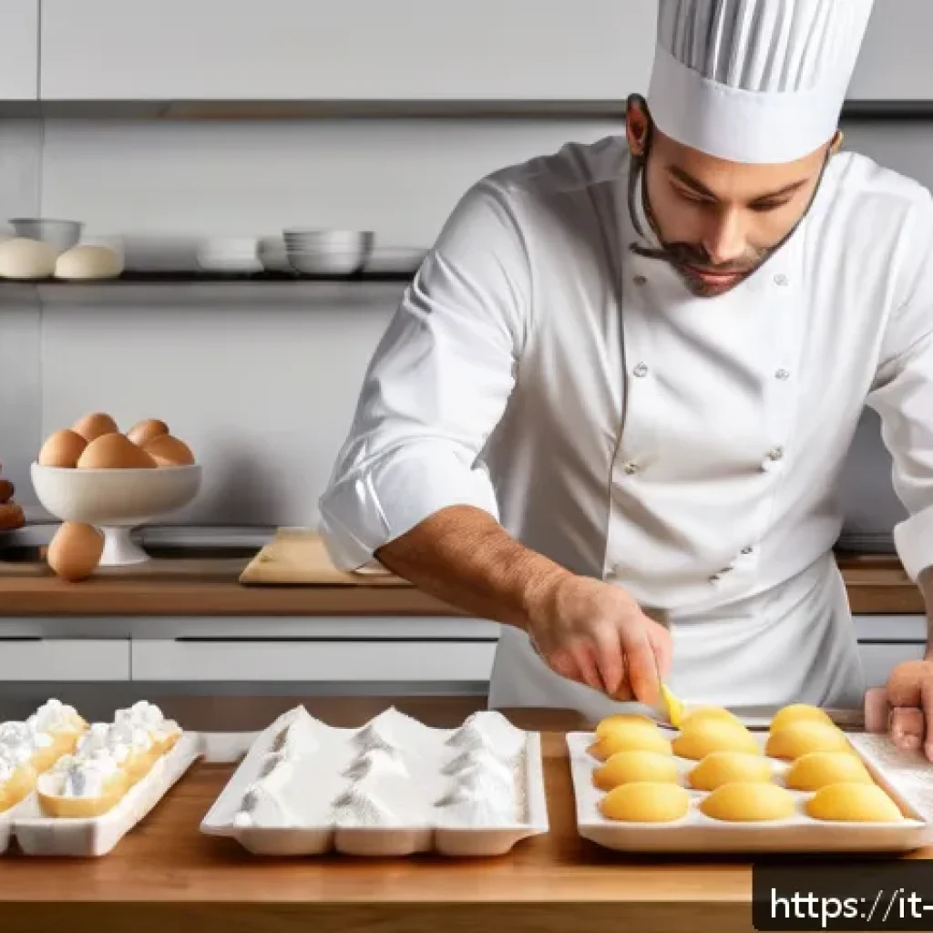제과제빵 성공적인 실기시험 후기 - A professional pastry chef in a modern Italian kitchen, meticulously organizing a variety of dessert...
