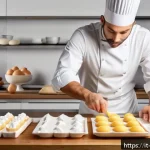 Home 21 제과제빵 성공적인 실기시험 후기 - A professional pastry chef in a modern Italian kitchen, meticulously organizing a variety of dessert...