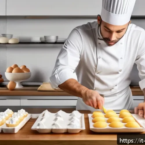Home 33 제과제빵 성공적인 실기시험 후기 - A professional pastry chef in a modern Italian kitchen, meticulously organizing a variety of dessert...