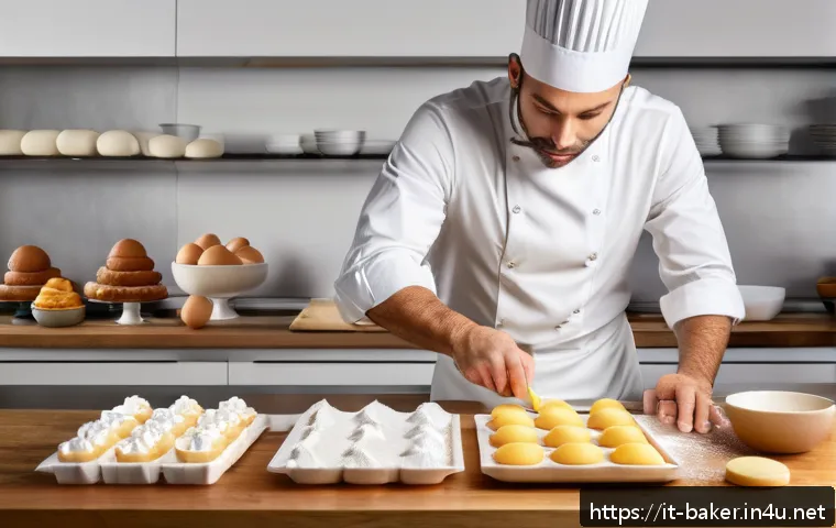 제과제빵 성공적인 실기시험 후기 - A professional pastry chef in a modern Italian kitchen, meticulously organizing a variety of dessert...