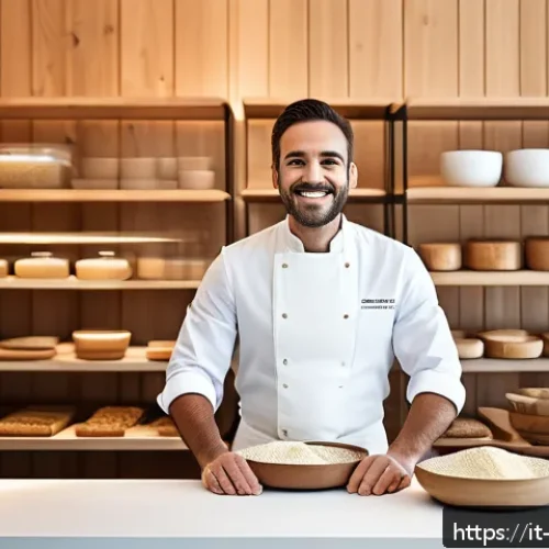 Home 32 제과제빵 업계에서 선호하는 기술 - A modern artisanal bakery kitchen blending traditional craftsmanship and cutting-edge technology: a ...