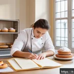 Home 18 제과제빵 자격증 필기 시험 준비법 - A bright, clean pastry kitchen with a young adult Italian pastry student studying at a neatly organi...