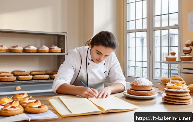 제과제빵 자격증 필기 시험 준비법 - A bright, clean pastry kitchen with a young adult Italian pastry student studying at a neatly organi...