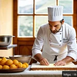 Home 23 제과제빵 현장에서의 업무 강도 - A master pastry chef meticulously weighing ingredients with a high-precision digital scale in a rust...