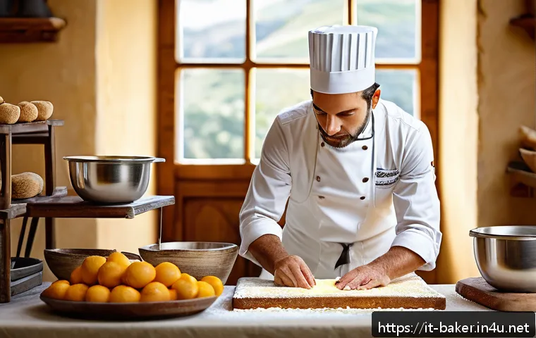 제과제빵 현장에서의 업무 강도 - A master pastry chef meticulously weighing ingredients with a high-precision digital scale in a rust...