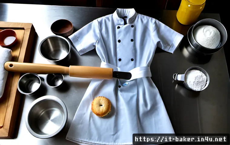 제과제빵 실기 시험 필수 준비물 - Photorealistic overhead flat lay of essential equipment for an Italian pastry and baking practical e...